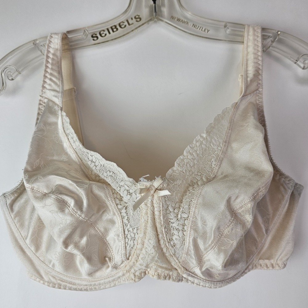 Bali 38D Beige 4422 Vintage Unlined Underwire‎ Lace Satin Bow Bra Retro Lingerie